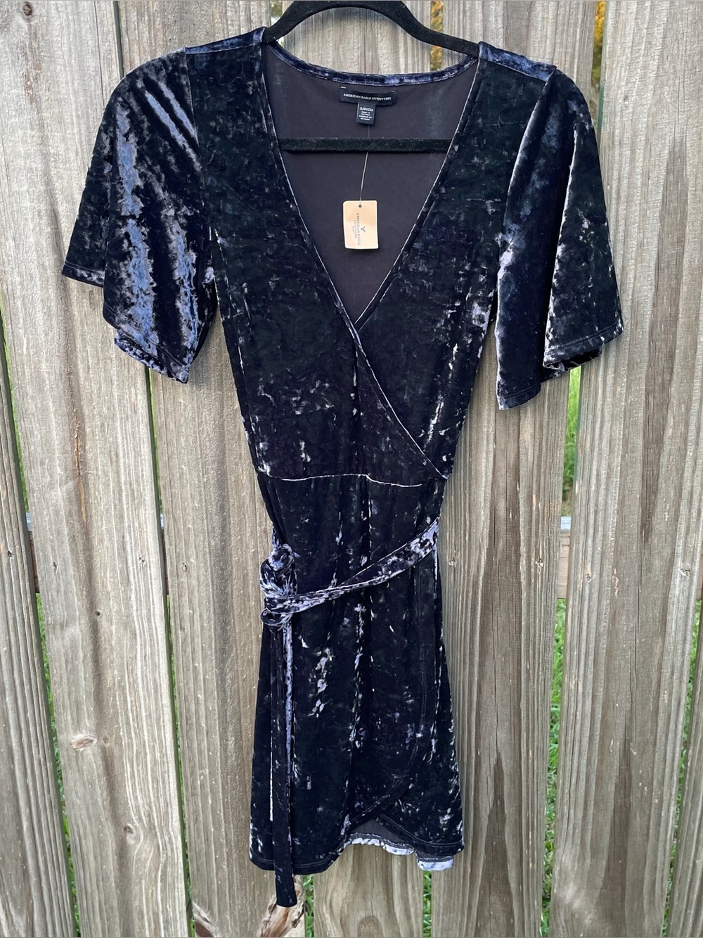 New American Eagle Outfitters Navy Blue Velvet Wrap Mini Dress S V-Neck